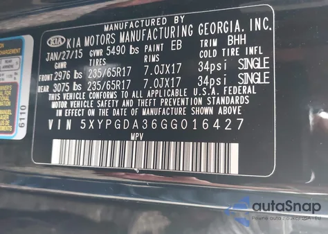 2016 Kia Sorento 2.4L Lx z USA, uszkodzony, nr VIN 5XYPGDA36GG016427